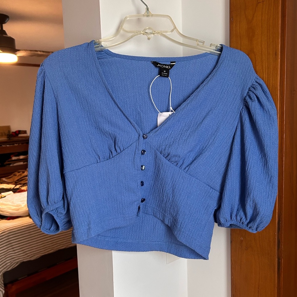 Monki Blue Top with puff sleeves